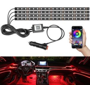4 смужки по 12 яскравих світлодіодів RGB SMD 5050. Міцні стрічки легко встановлюються в салоні будь-якого авто. Гумова основа стр...@